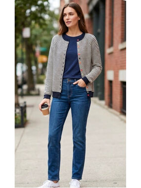 Tabitha Webb Striped Cardigan Sweater Women Large Beige Navy